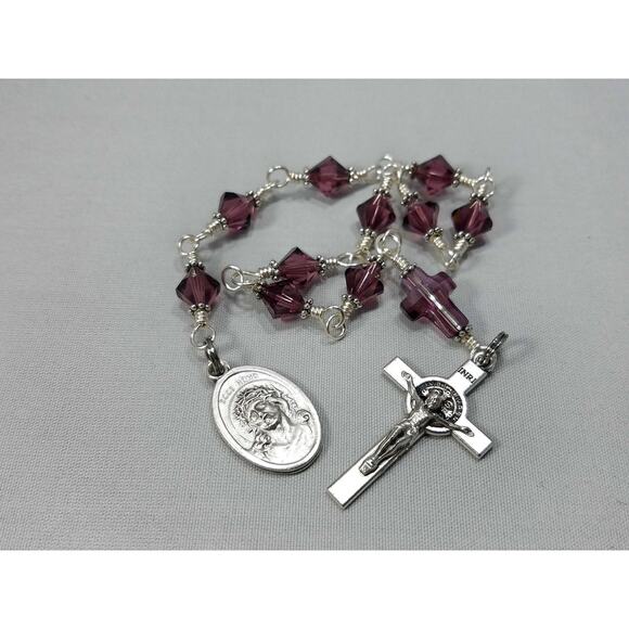 Ecce Homo One Decade Rosary Purple Swarovski Cross St. Benedict Crucifix - Picture 7 of 10